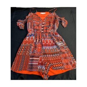 BCBGeneration ~ Romper ~ Size Small~ Orange/Multi Geometric/Cold Shoulder/V-Neck